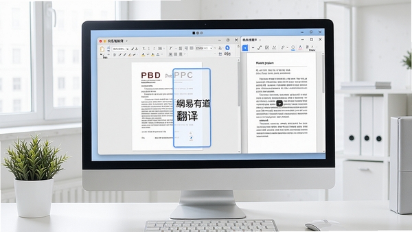 展示网易有道翻译处理办公文档的场景,电脑屏幕上一个PDF文件被拖拽入翻译窗口,界面显示文档正在被快速翻译,右侧预览区展示保留排版的译文,桌面环境整洁,体现软件在文档处理上的高效与便捷,色调明亮清晰