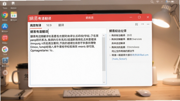 一幅现代简约风格的桌面软件界面预览图,画面主体为网易有道翻译的翻译窗口,左侧输入框内有一段中英文混合文本,右侧清晰显示对应的翻译结果,背景为虚化的电脑桌面与柔和光线,整体色调以红白为主,突出软件的专业与高效,界面细节丰富,比例为16:9