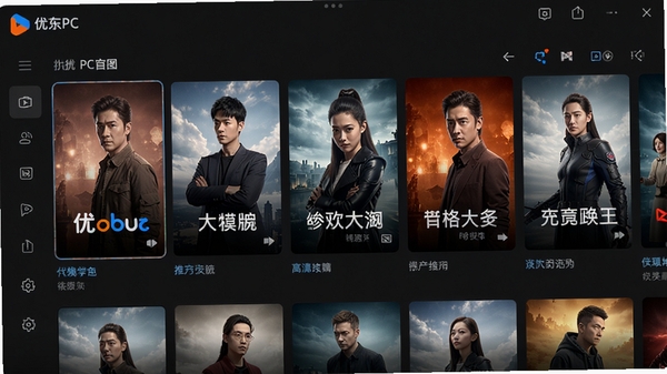 优酷PC客户端主界面展示,深色背景,视频推荐墙,高清海报,流畅UI设计,现代感,4k细节