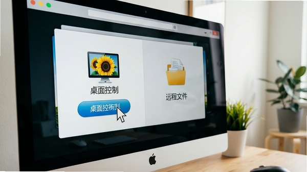 特写镜头展示电脑屏幕上向日葵远程控制软件的主界面,界面清晰显示“桌面控制”和“远程文件”两个主要功能模块图标,鼠标光标正停留在“桌面控制”按钮上,背景是简洁的室内环境,画面明亮,细节丰富。