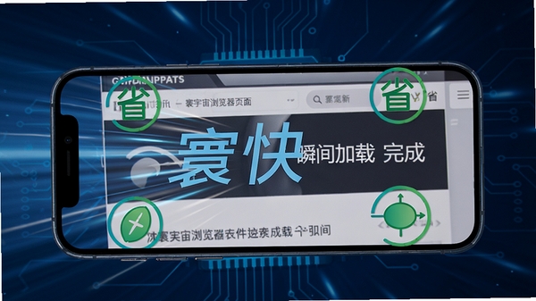 寰宇浏览器极速加载页面,手机显示网页瞬间加载完成,周围有速度线条和节能图标,背景为科技感蓝色光效,画面动感且清晰,突出“快”和“省”的特点。