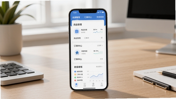 体此咪商家端软件主界面预览图,展示商品管理、订单中心、数据看板三大核心模块,画面主体为智能手机屏幕显示软件界面,背景为整洁的办公桌面,光影柔和,细节清晰,适配Boogu模型生成