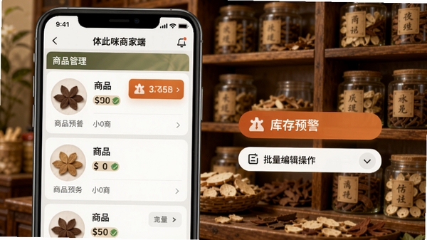 体此咪商家端商品管理功能示意图,画面展示手机界面中商品列表、库存预警提示和批量编辑操作,背景为中药材货架,色调温馨,突出便捷管理场景