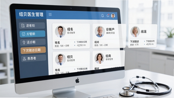 纽贝医生医生端患者分组管理界面,左侧分类标签,右侧患者卡片,包含姓名、诊断、下次随访日期,背景为电脑屏幕与听诊器,商务医疗风格