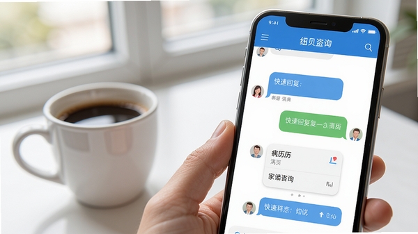 纽贝医生医生端在线咨询聊天界面,医生与患者对话气泡,包含快捷回复与病历卡片,背景为手机与咖啡杯,明亮办公环境