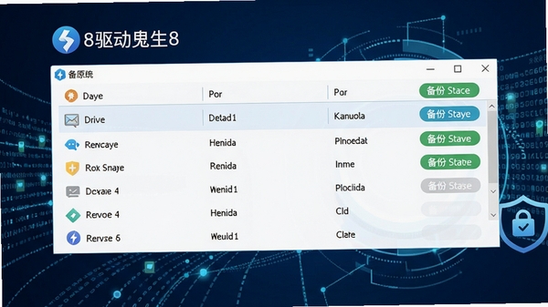 驱动人生8的驱动备份与还原功能界面,展示驱动列表与备份状态标签,背景为数据流动的抽象图形,强调数据安全与可恢复性