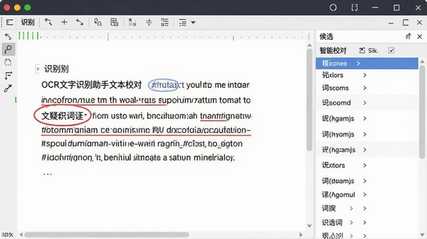 OCR文字识别助手文本校对界面,识别文本中出现红色下划线的疑似错误词汇,右侧提供候选词列表,背景为软件编辑窗口,整体风格简洁清晰,突出智能校对功能