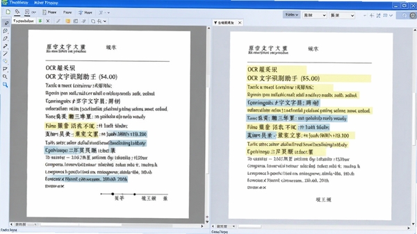 OCR文字识别助手正在识别一张包含中英文混排的扫描文档,左侧原图文字清晰,右侧识别结果高亮显示,背景为软件工作界面,色调以蓝色和白色为主,体现专业与智能