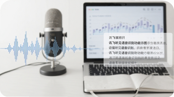 讯飞听见语音识别功能示意图,画面中声音波形被转化为文字,背景有麦克风和笔记本,风格现代简约
