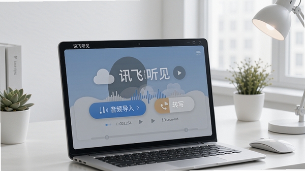 讯飞听见界面预览图,主界面显示音频导入和转写按钮,背景为简洁的办公桌面,整体风格清爽明亮