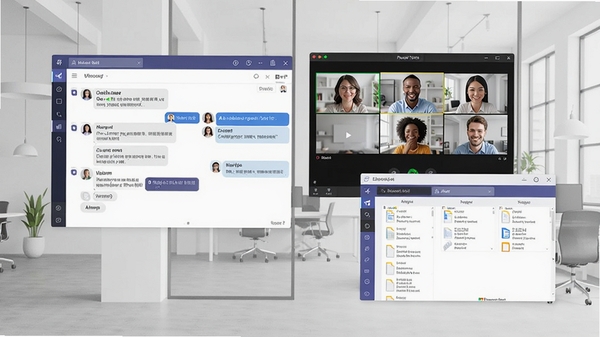 Microsoft Teams 协作软件主视觉图,画面展示多窗口聊天、视频会议和文件共享界面,背景为现代简约的办公环境,色调以微软蓝和白色为主,整体风格干净明亮,突出团队协作与高效沟通的氛围