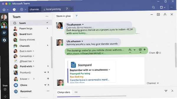 Microsoft Teams 频道聊天界面截图,左侧显示团队和频道列表,右侧为对话窗口,包含文字消息和文件附件,界面布局清晰,突显团队沟通的条理性