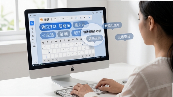 搜狗拼音输入法智能云输入功能展示,一个人正在电脑前打字,屏幕上显示输入法候选词和联想词条,画面突出智能预测和流畅输入体验,风格现代简洁