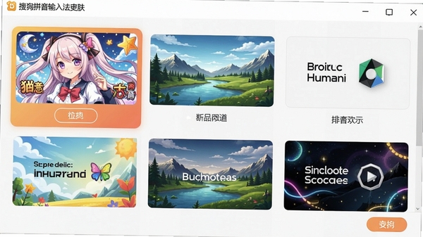 搜狗拼音输入法皮肤更换界面,展示多款精美皮肤缩略图,包括动漫风格、自然风景和简约现代风格,用户可点击预览,界面友好直观,色彩丰富