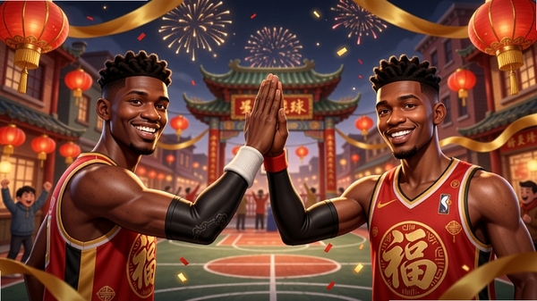 全明星街球派对新春版本宣传图,画面背景是张灯结彩的唐人街街头球场,红色灯笼与金色绸带装饰,两名新老球员角色穿着新年主题球衣互相击掌,空中飘落烟花粒子特效,整体色调红金喜庆,角色笑容灿烂,画面氛围欢乐祥和,突出节日限定内容的视觉元素
