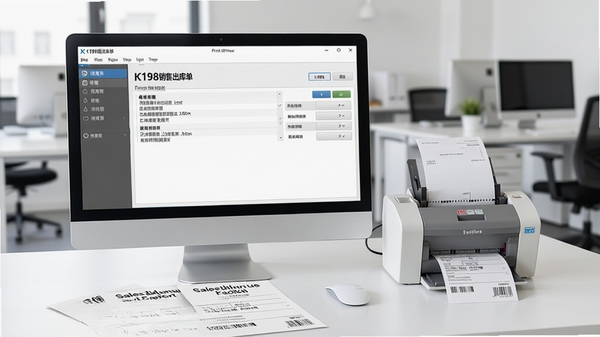 一张现代办公室桌面上,一台电脑显示器正清晰地展示着K198销售出库单打印软件的简洁操作界面,旁边放着一台正在打印单据的针式打印机,桌面上散落着几张刚打印好的销售出库单,整体环境明亮整洁,充满商务专业感,画面中心突出软件界面和打印好的单据,背景为虚化的办公环境