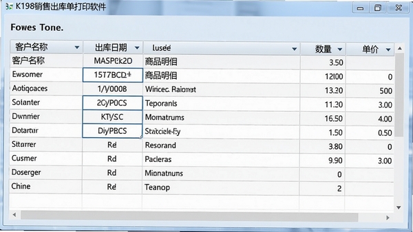 K198销售出库单打印软件的单据管理界面,显示一个清晰的表格,包含客户名称、出库日期、商品明细、数量、单价等栏目,界面风格清爽,数据排列井然有序,背景为淡蓝色调,突出其数据管理的高效与条理性