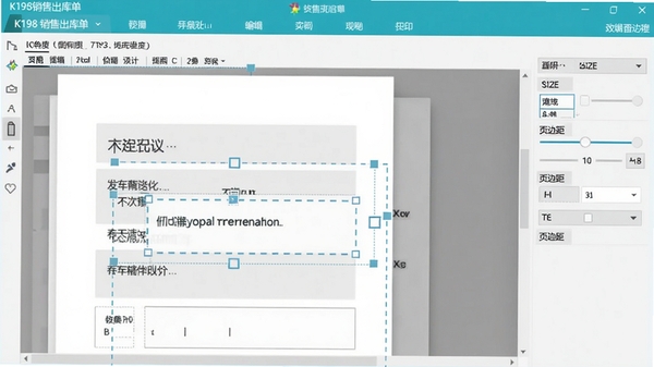 一张K198销售出库单打印软件自定义模板编辑界面的示意图,画面显示用户正在调整模板上的文本框位置,界面右侧有纸张大小和页边距调节选项,整体色调清新,强调软件高自由度的定制能力