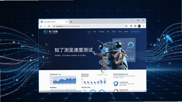 知了浏览器速度测试场景图,画面中展示浏览器加载复杂数据页面的瞬间,周围有流动的光效线条,背景为科技感蓝色调,强调极速与高效