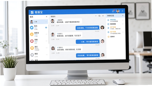 客服宝电脑端主界面预览图,展示清晰的聊天窗口、左侧联系人列表与右侧快捷回复面板,整体界面采用蓝白配色,现代简约的软件界面设计,屏幕中显示多条客服对话气泡,背景为干净的办公桌面环境,高分辨率,写实风格