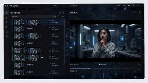 帧探舍软件主界面预览图,展示视频帧列表和预览窗口,画面主体居中,背景为深色科技感界面,突出帧分析功能,整体风格现代简洁,高清渲染