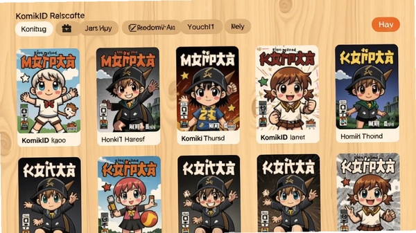 KomikID漫画书架管理界面,展示分组标签与封面缩略图,背景为浅色木纹,主体是整齐排列的漫画图标,风格温馨实用