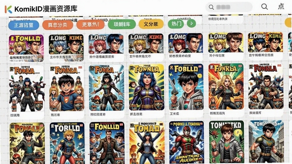 KomikID漫画资源库界面,展示分类标签与热门漫画封面墙,色彩丰富,背景为浅灰色网格,主体是排列整齐的漫画缩略图,风格活泼明亮