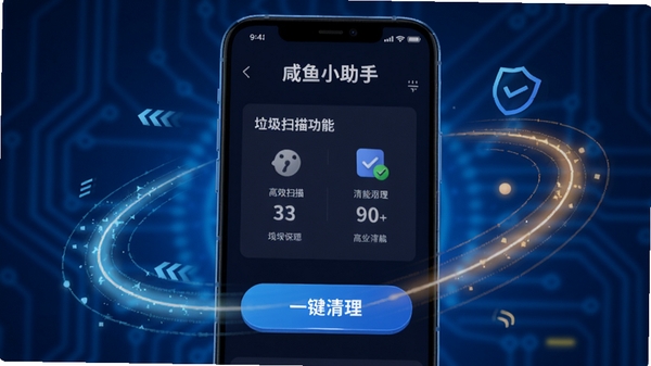 咸鱼小助手智能清理功能预览,手机屏幕显示垃圾扫描结果与一键清理按钮,周围有加速动画特效,背景为科技蓝,突出高效与安全