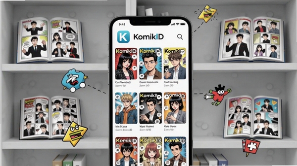 KomikID漫画阅读应用主界面展示,手机屏幕显示高清漫画网格列表,封面色彩丰富,背景为简约浅灰色书架,书架上有几本摊开的漫画书,整体风格明亮干净,突出应用名称KomikID,画面中心是手机设备,周围点缀漫画元素,光线柔和,细节丰富,适配Boogu模型生成。