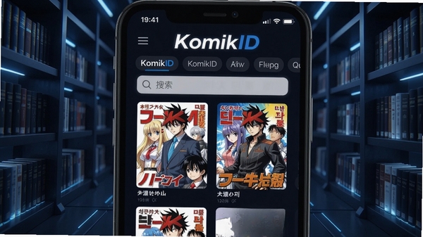 KomikID漫画资源库界面,手机屏幕上显示分类标签和搜索框,下方排列多张漫画封面,包括日漫、韩漫、国漫风格,背景是深蓝色科技感书架,书架发光,突出应用名称KomikID,画面充满未来感,光线对比强烈,细节丰富,适配Boogu模型生成。