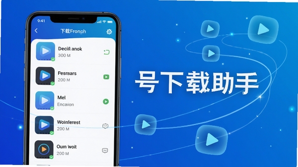 视频号下载助手核心功能预览图,手机界面显示下载完成列表,背景为渐变色科技蓝,画面主体清晰展示软件名称,配以流畅线条与播放图标元素