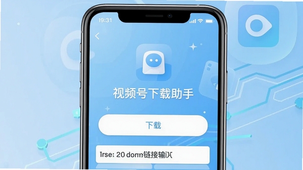 视频号下载助手主界面截图,手机屏幕显示简洁的下载按钮和链接输入框,背景为淡蓝色科技感渐变,画面主体居中,突出软件名称“视频号下载助手”,整体风格清新明亮,适配Boogu模型生成