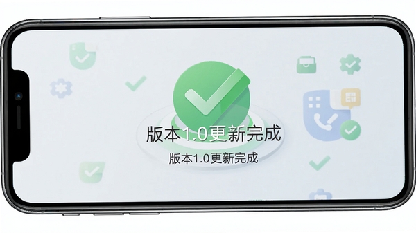 视频号下载助手软件更新界面,手机屏幕显示“版本1.0更新完成”字样,背景为绿色对勾图标,整体风格简洁明快,突出软件稳定可靠,图片清晰