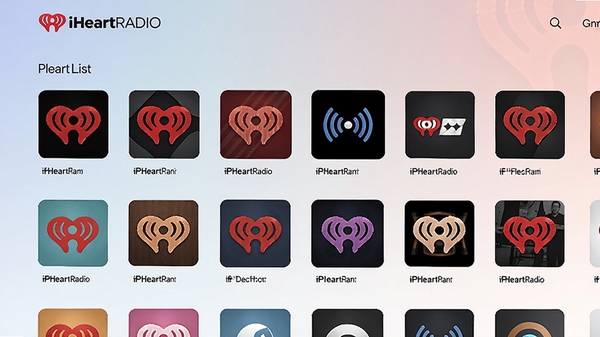 iHeartRadio 电台列表页面,展示多个电台图标和节目名称,界面风格清晰整洁,背景为柔和渐变色,突出电台聚合的丰富性。