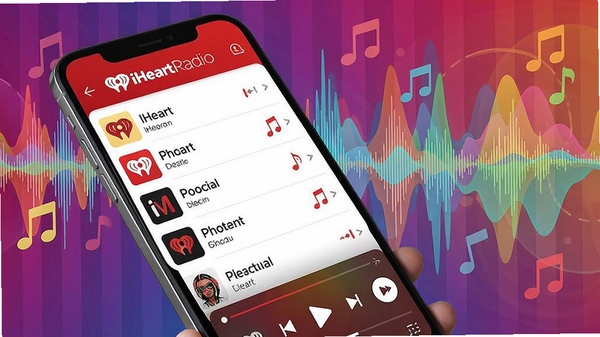 iHeartRadio 主界面展示,手机屏幕显示电台列表和播放控制面板,背景为多彩音乐波形,整体色调活泼明快,突出音乐与广播融合的氛围,适配Boogu模型生成。