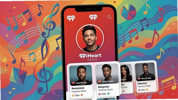 iHeartRadio 个性化推荐界面,手机屏幕显示歌手头像和推荐歌曲卡片,背景为音乐元素插画,色彩明亮,体现智能推荐功能。