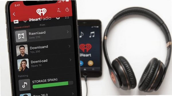 iHeartRadio 离线下载界面,显示已下载歌曲列表和存储空间占用情况,背景为手机与耳机等设备,突出跨设备同步与离线收听特点。