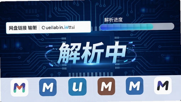 一张网盘直链下载助手解析过程的动态效果图,画面左侧为网盘链接输入框,右侧为解析进度条,背景为科技感十足的电路板纹理,主色调为蓝色和白色,中央有“解析中”文字特效,下方有多个网盘图标排列,突出多网盘支持的特点。