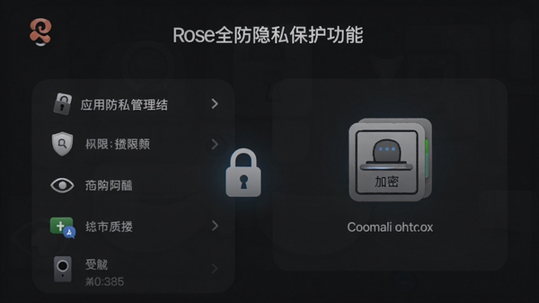 Rose全防隐私保护功能界面,展示应用权限管理列表和加密文件柜图标,背景为深色主题,突出锁形和眼睛图标,体现安全与隐秘感