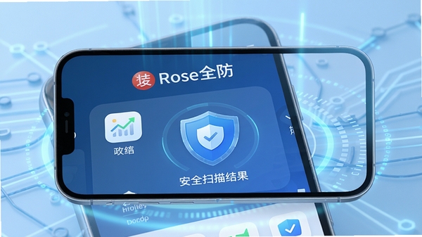 Rose全防主界面预览图,手机屏幕展示安全扫描结果,背景为淡蓝色科技感光效,界面图标清晰,整体风格简洁现代,突出软件名称Rose全防