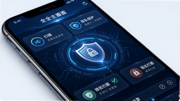 Rose全防主界面,手机屏幕显示安全防护仪表盘,背景为科技感蓝色调,中心有盾牌图标,周围环绕扫描进度、隐私保护、骚扰拦截等模块,整体风格简洁现代,光线明亮,细节丰富