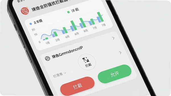 Rose全防骚扰拦截界面,手机屏幕显示来电拦截记录,背景为浅灰色,界面简洁,有“拦截”和“允许”按钮,顶部有统计图表,整体风格清新,重点突出拦截功能