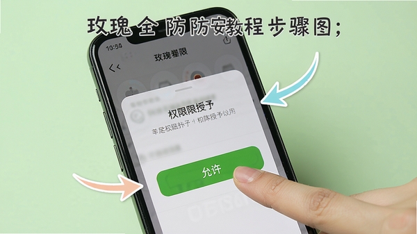 Rose全防安装教程步骤图,手机屏幕显示权限授予界面,手指点击“允许”按钮,背景为浅绿色,界面清晰,步骤指示箭头,整体风格教学化,光线柔和