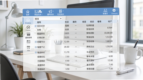 简益通用流水记账软件的主界面截图,展示清晰的收支记录列表和简洁的功能导航栏,背景为现代化的办公桌面,整体色调明亮清爽,风格写实清晰