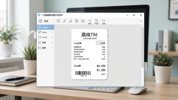一点通通用收据打印软件主界面预览图,展示简洁清晰的票据设计画布与功能工具栏,背景为现代办公桌面环境,色调清新明亮,软件窗口居中显示,界面布局规整,突出其高效易用的特点