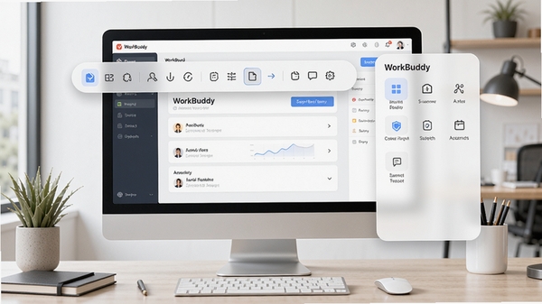 WorkBuddy办公效率工具主界面预览图,展示悬浮工具栏与快捷功能面板,背景为整洁的现代办公桌面,电脑屏幕显示软件主界面,画面明亮清晰