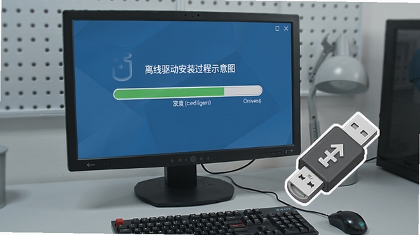 驱动精灵万能网卡版离线驱动安装过程示意图,电脑屏幕显示驱动安装进度条,旁边有一个U盘图标,背景为浅灰色工作台,整体风格写实