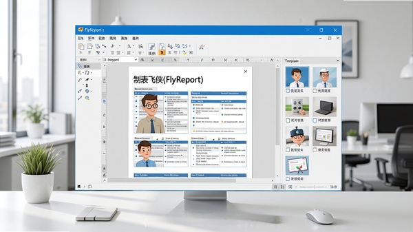 制表飞侠(FlyReport)主界面预览图,展示软件在Windows桌面上的运行效果,界面清晰展示报表编辑区域、工具栏和模板库,背景为干净的办公环境,整体风格专业且现代,图片比例为16:9