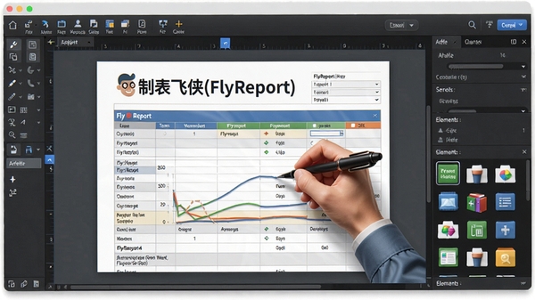 制表飞侠(FlyReport)表格设计功能展示,画面中央是一个正在编辑的报表,周围显示工具栏、属性面板和元素库,突出软件强大的自定义设计能力,色彩搭配和谐,细节丰富
