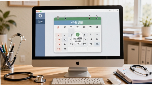 天使健康伴侣随访提醒功能示意图,电脑屏幕弹出日历样式的任务提醒窗口,背景为医生办公桌,有听诊器和病历本,画面温馨写实,突出软件的贴心提醒作用